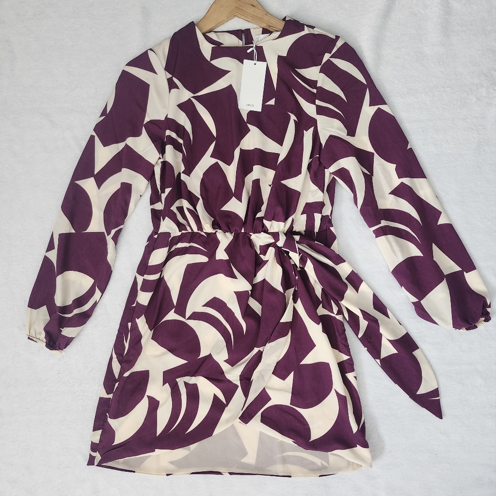 MANGO Purple Cream Abstract Print Lightweight Long Sleeve Mini Dress Medium NWT - Picture 7 of 15